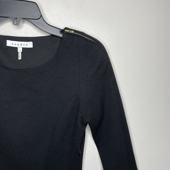 SANDRO Dress Womens 1 Small S Black Wool Blend A-Line 3/4 Sleeve Zip Shoulder - Picture 2 of 7
